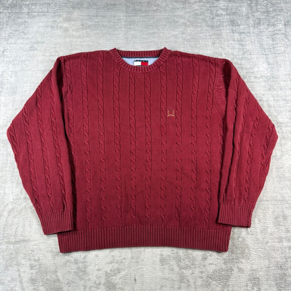 Tommy Hilfiger Sweater Mens Large Red Cable Knit Y2K Cotton Crewneck Crest